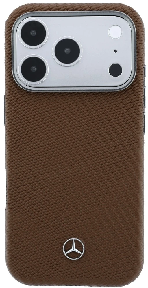 Dėklas Mercedes Leather Semi Wrap Wood Effect MagSafe Case for iPhone 18 Pro / 17 Pro - Brown