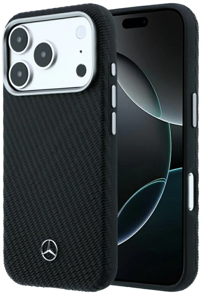 Dėklas Mercedes Leather Semi Wrap Wood Effect MagSafe skirtas iPhone 18 Pro / 17 Pro juodas