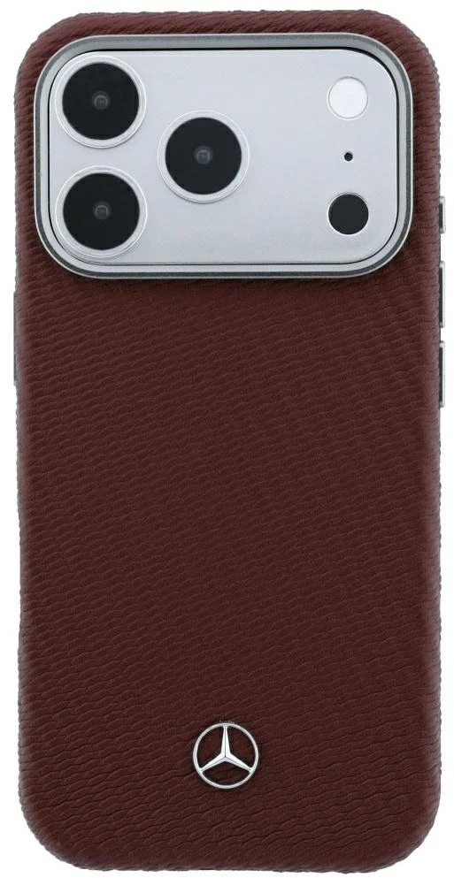 Dėklas Mercedes Leather Semi Wrap Wood Effect MagSafe, skirtas iPhone 18 Pro Max / 17 Pro Max, bordo spalvos