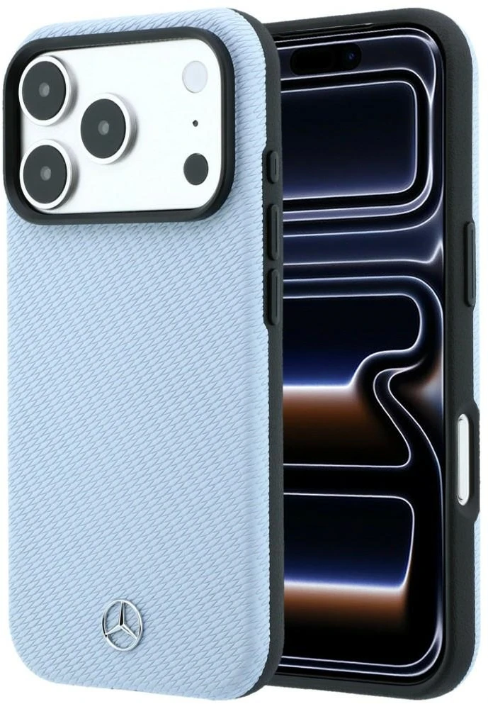Dėklas Mercedes Leather Semi Wrap Wood Effect MagSafe skirtas iPhone 18 Pro / 17 Pro mėlynas