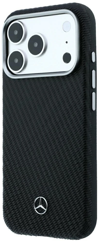 Dėklas Mercedes Leather Semi Wrap Wood Effect MagSafe skirtas iPhone 18 Pro / 17 Pro juodas