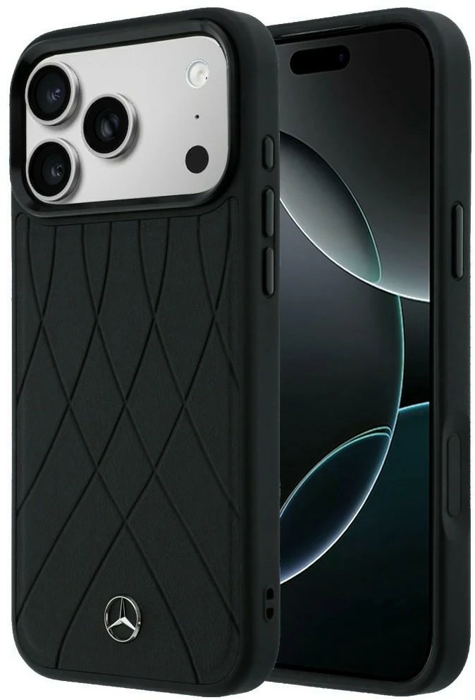 Dėklas Mercedes Leather with Crossed Lines MagSafe iPhone 17 Pro juodos spalvos