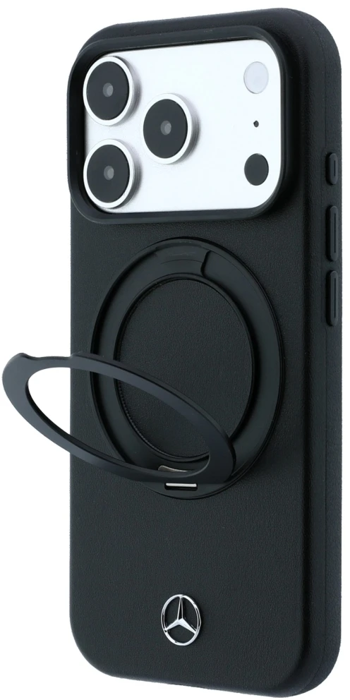 Dėklas Mercedes Leather with Ring Stand MagSafe Case, skirta iPhone 18 Pro Max / 17 Pro Max / 17 Pro Max – Juoda