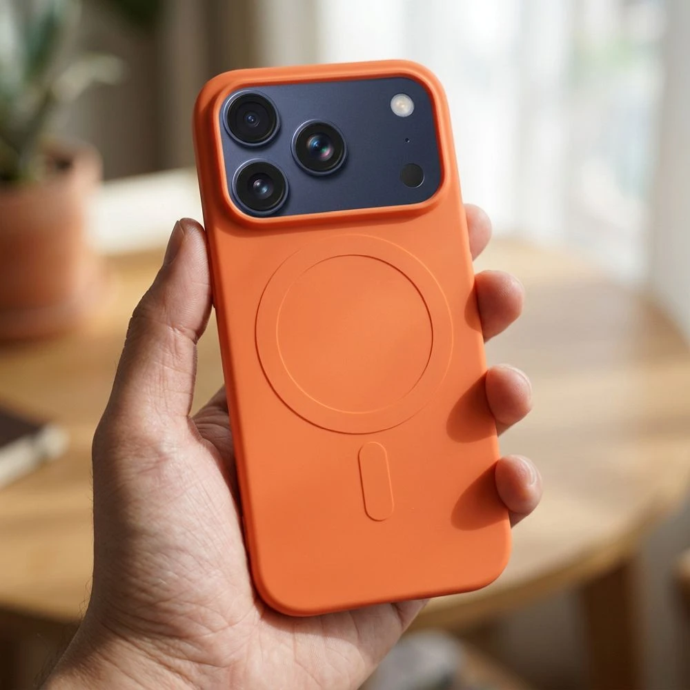 OEM dėklas, skirtas iPhone 17 Pro / 18 Pro silikoniniam Mag dėklui, suderinamas su MagSafe (didele skylute), oranžinis