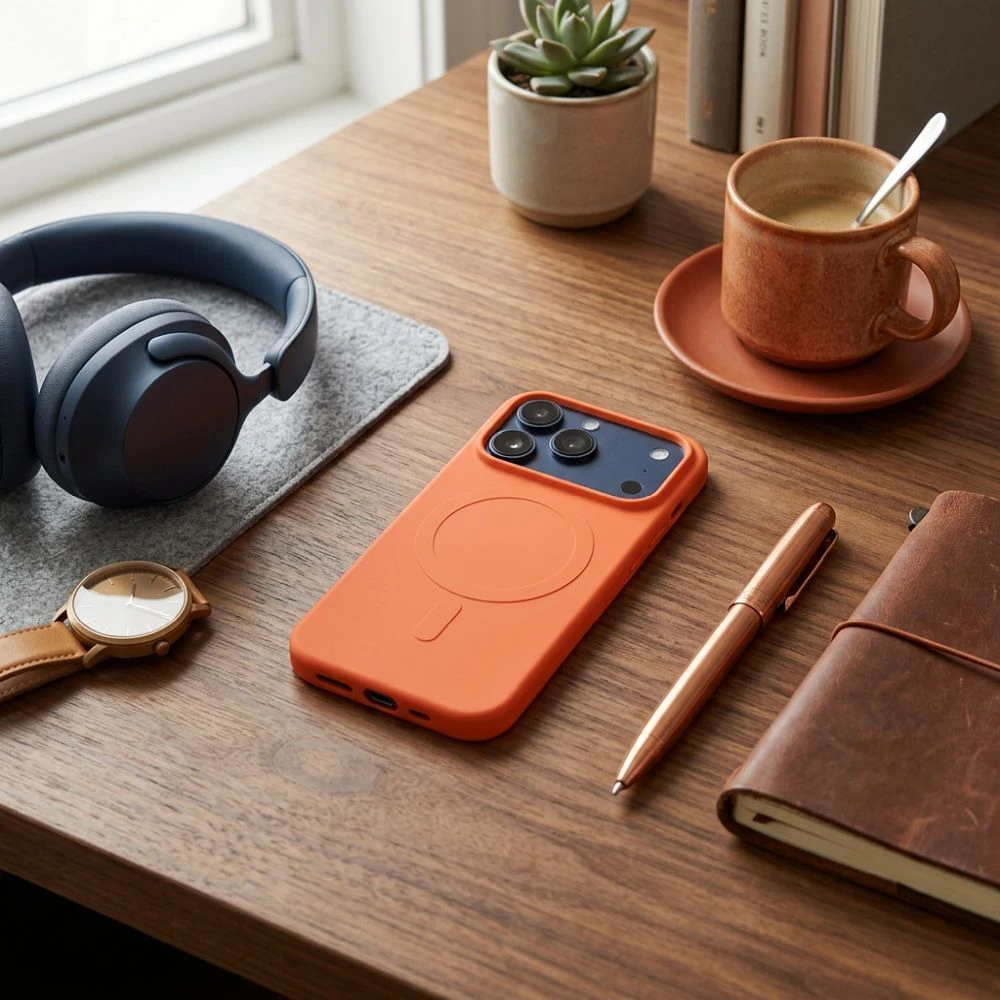 OEM dėklas, skirtas iPhone 17 Pro / 18 Pro silikoniniam Mag dėklui, suderinamas su MagSafe (didele skylute), oranžinis
