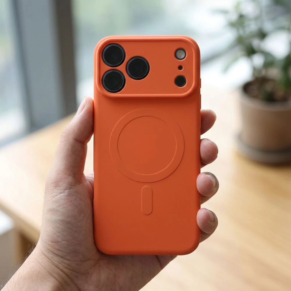 OEM dėklas, skirtas iPhone 17 Pro Max / 18 Pro Max silikoniniam Mag dėklui, suderinamas su MagSafe (kameros apsauga), oranžinis