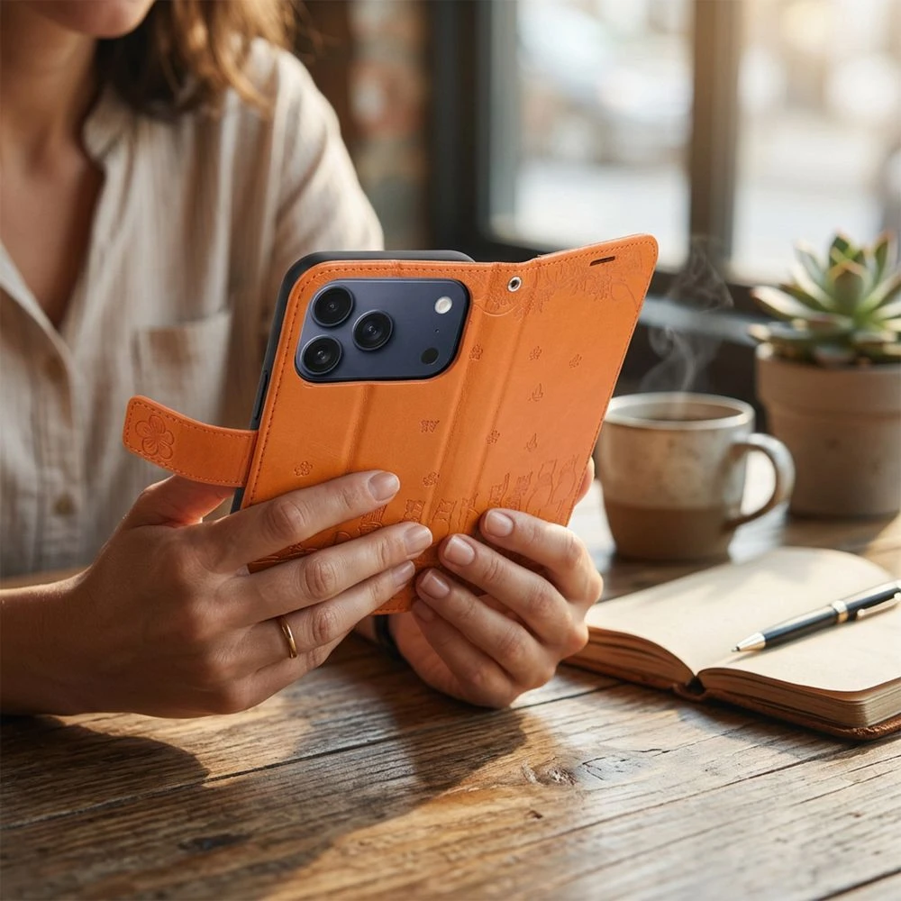 OEM atverčiamas dėklas, skirtas iPhone 17 PRO MAX / 18 PRO MAX Mezzo Book Cats Ruda