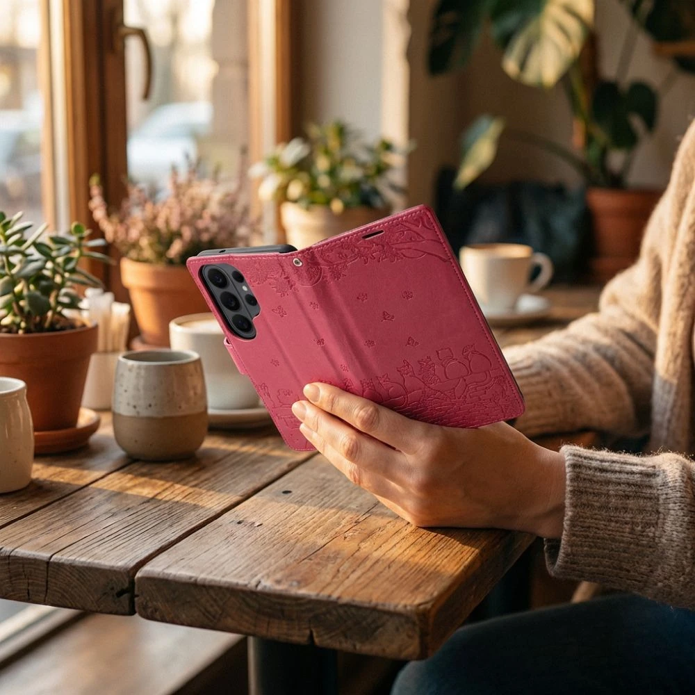 OEM atverčiamas dėklas Redmi NOTE 15 5G Mezzo Book katėms, raudonas