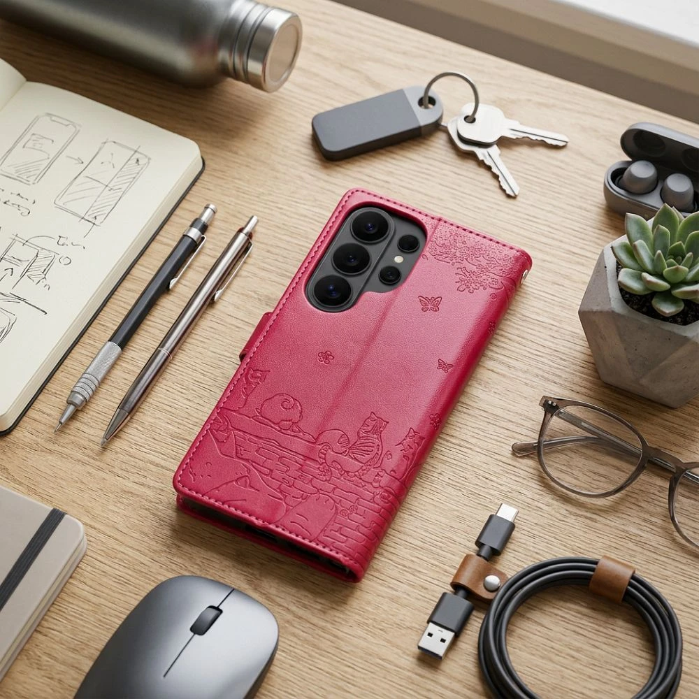 OEM atverčiamas dėklas Redmi NOTE 15 4G Mezzo Book katėms, raudonas