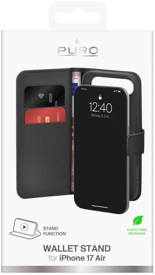Puro Wallet Stand dėklas skirtas Apple iPhone 17 Air made of eco-leather, with a flap, wallet and stand function - juodos spalvos