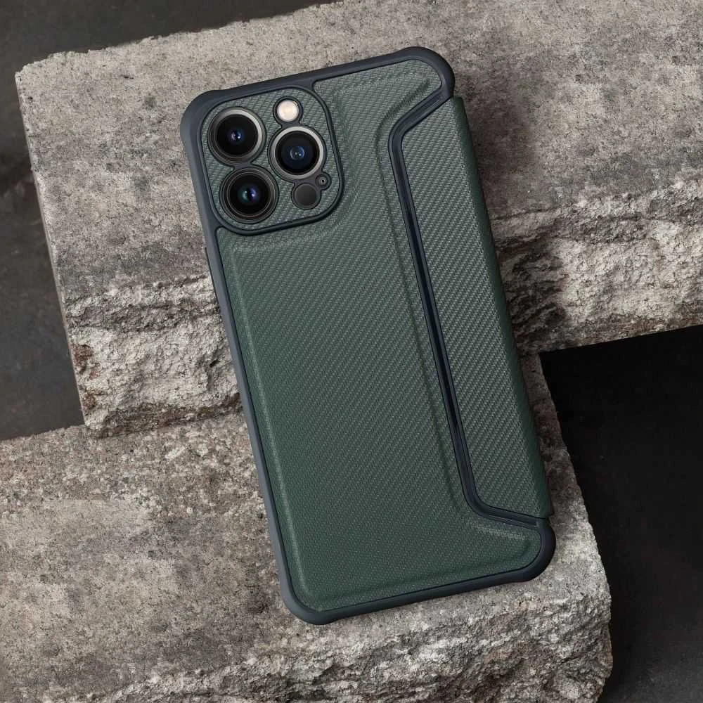 OEM atverčiamas dėklas iPhone 16 PLUS Razor Book tamsi žalia
