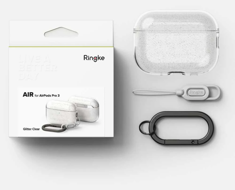 „Ringke AirPods Pro 3“ dėklas, blizgus ir skaidrus