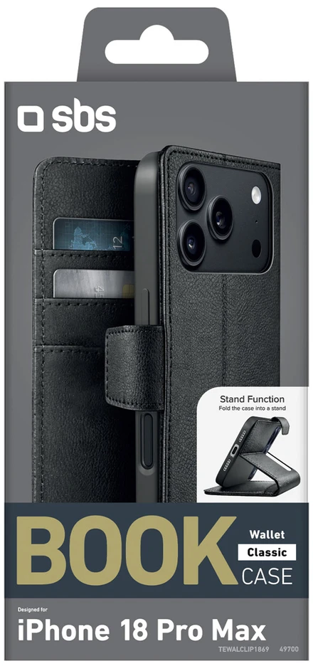 Dėklas SBS Wallet Classic Case for iPhone 18 Pro Max with Wallet and Stand - Juodas