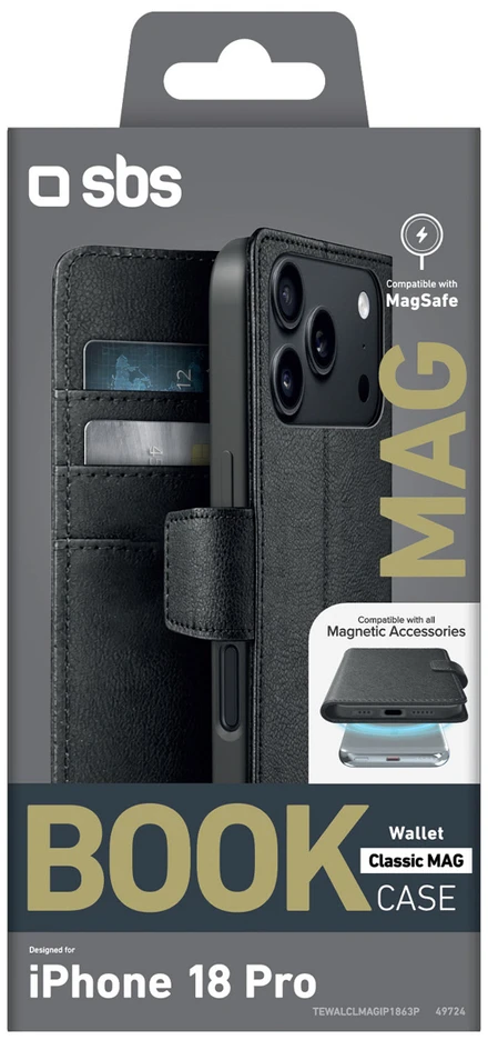 Dėklas SBS Wallet Classic Mag Case for iPhone 18 Pro with Wallet and Stand, MagSafe Compatible - Juodas