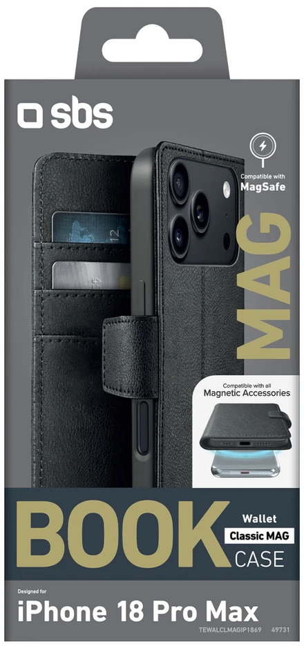 Dėklas SBS Wallet Classic Mag Case for iPhone 18 Pro Max with Wallet and Stand, MagSafe Compatible - Juodas