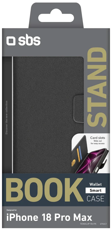 Dėklas SBS Wallet Smart Case for iPhone 18 Pro Max with Wallet and Stand - Juodas