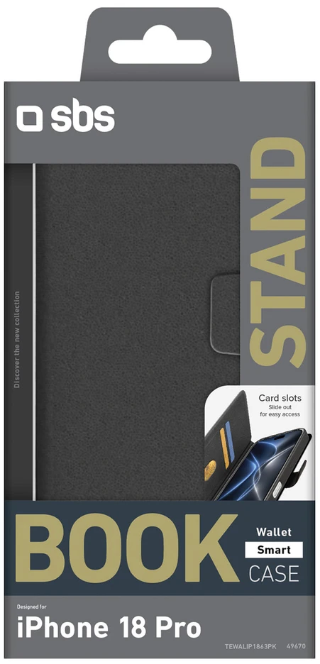 Dėklas SBS Wallet Smart Case for iPhone 18 Pro with Wallet and Stand - Juodas