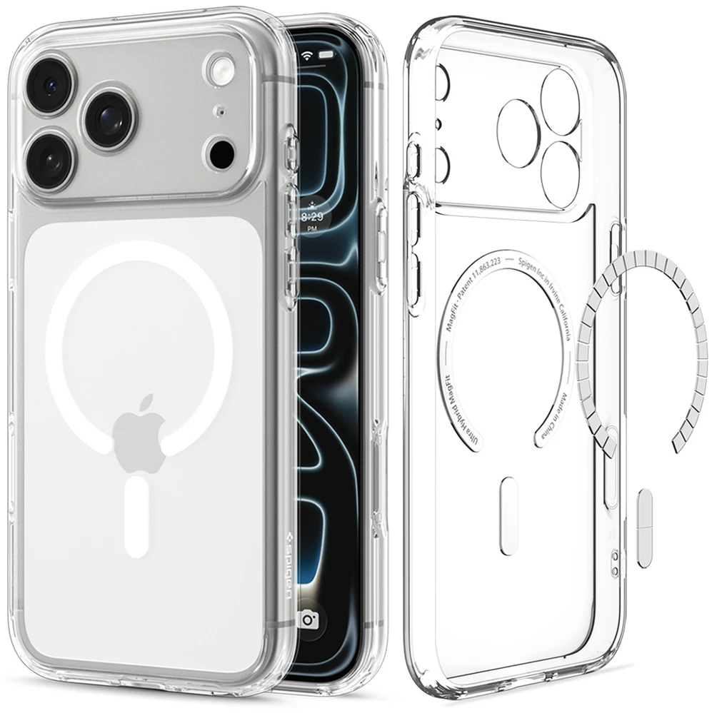 Dėklas Spigen Ultra Hybrid MagSafe, skaidrus baltas – iPhone 18 Pro/17 Pro