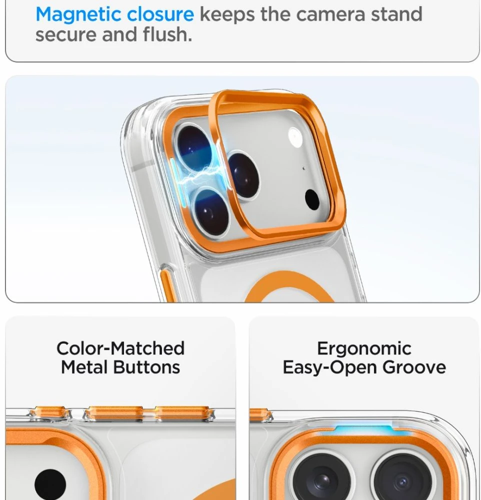 Dėklas Spigen Ultra Hybrid OPTIK S MagSafe iPhone 17 Pro / 18 Pro SKAIDRUS/ORANŽINIS