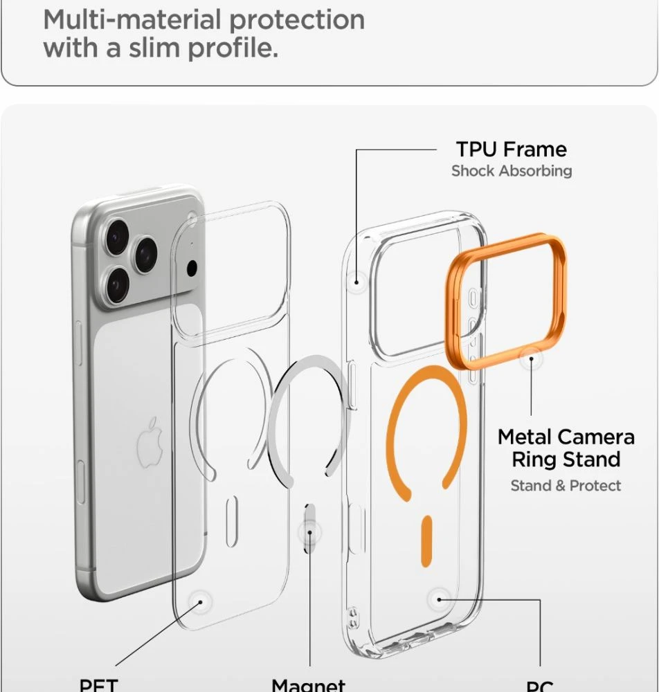 Dėklas Spigen Ultra Hybrid OPTIK S MagSafe iPhone 17 Pro / 18 Pro SKAIDRUS/ORANŽINIS