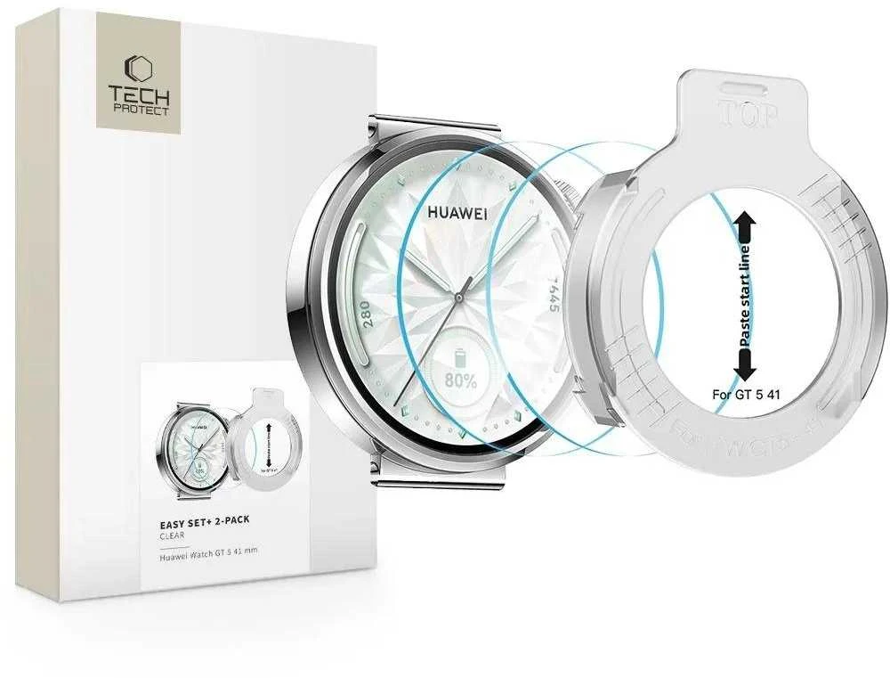 „Tech-Protect Easy Set+“ 2 grūdinto stiklo pakuotė, skirta „Huawei Watch GT 5 41 mm“ – skaidri.