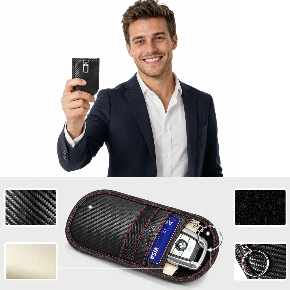 TECH-PROTECT KLR100 DĖKLAS KEYLESS RFID SIGNALO BLOKAVIMO DĖŽUTĖ CARBON JUODA/RAUDONA