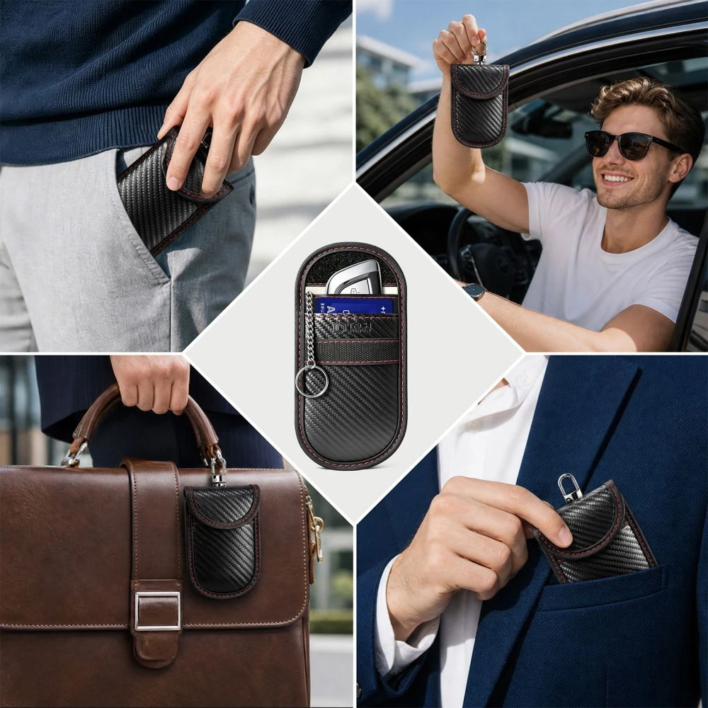 TECH-PROTECT KLR100 DĖKLAS KEYLESS RFID SIGNALO BLOKAVIMO DĖŽUTĖ CARBON JUODA/RAUDONA