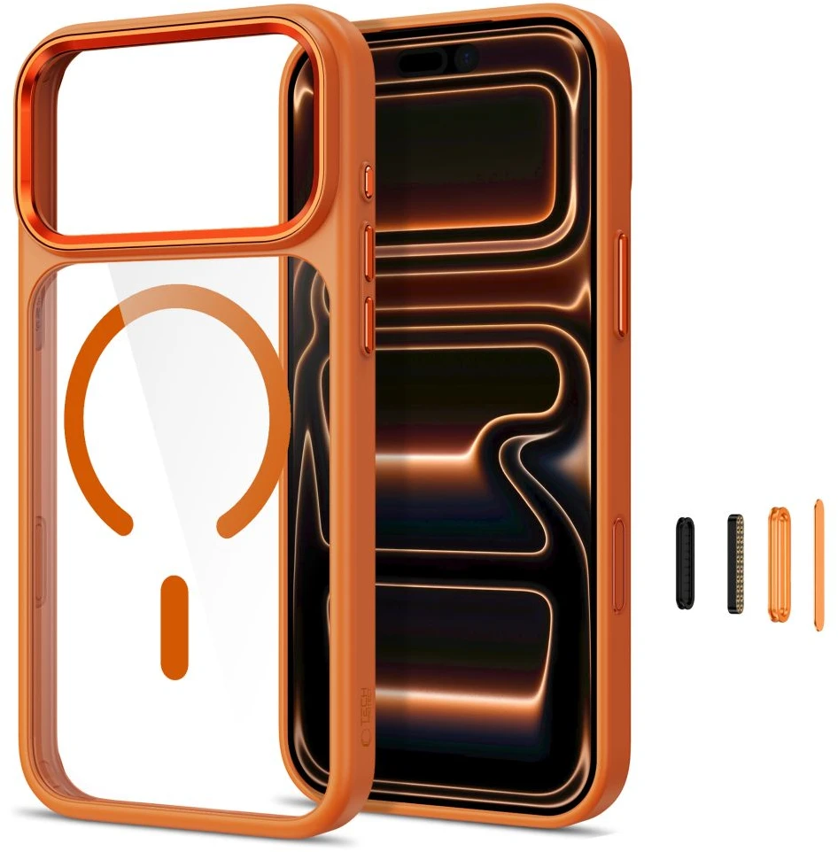 Tech-Protect Magmat Magsafe CC dėklas, skirtas iPhone 17 Pro / 18 Pro – oranžinis-permatomas