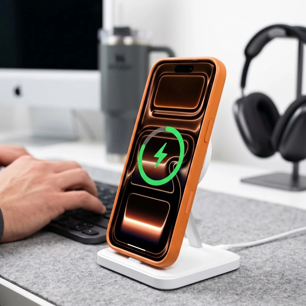 Tech-Protect MagOne CC MagSafe + grūdintas stiklas, 2 vnt. dėklas iPhone 18 Pro / 17 Pro – permatomas oranžinis