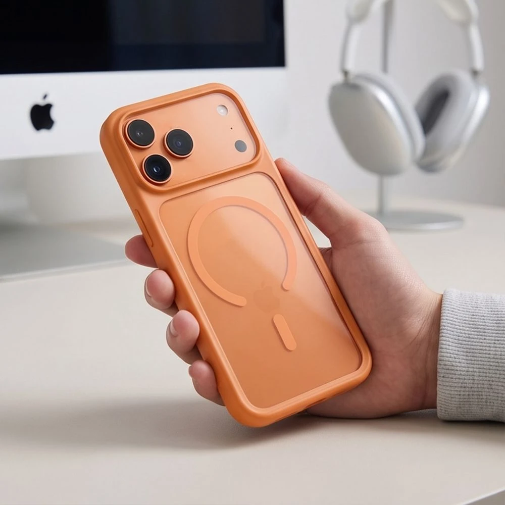 Tech-Protect MagOne CC MagSafe + grūdintas stiklas, 2 vnt. dėklas iPhone 18 Pro / 17 Pro – permatomas oranžinis