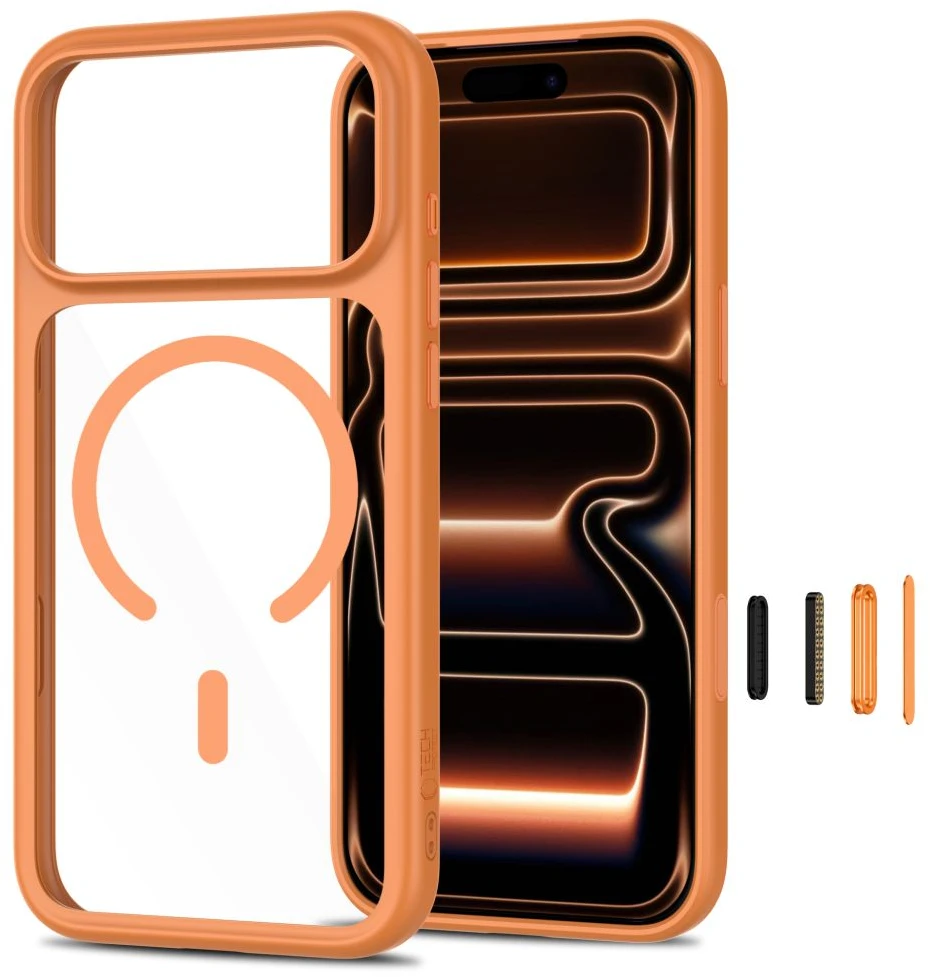 Tech-Protect MagOne CC MagSafe + grūdintas stiklas, 2 vnt. dėklas iPhone 18 Pro / 17 Pro – permatomas oranžinis