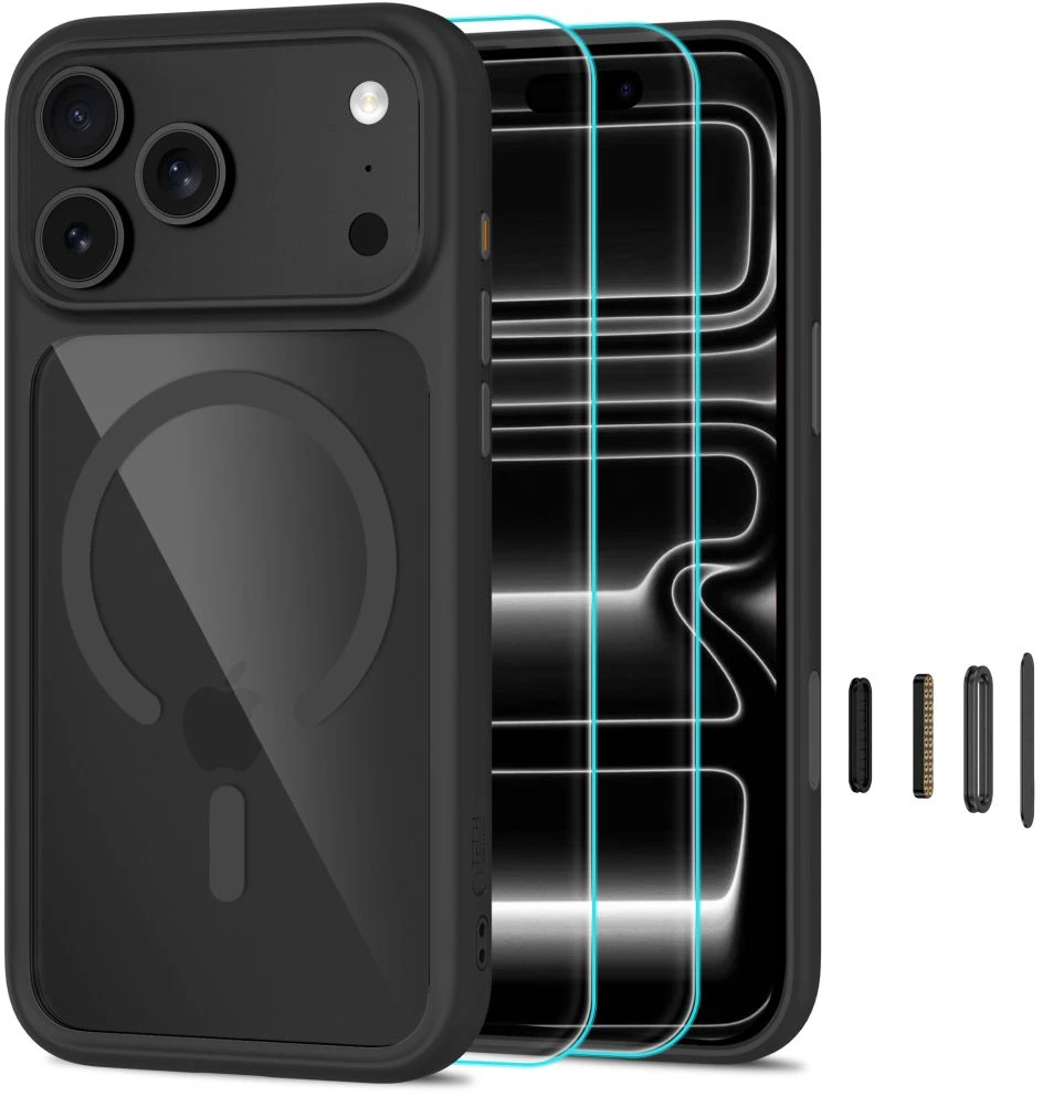 Tech-Protect MagOne CC MagSafe dėklas + grūdintas stiklas, 2 vnt., skirtas iPhone 18 Pro / 17 Pro – permatomas juodas