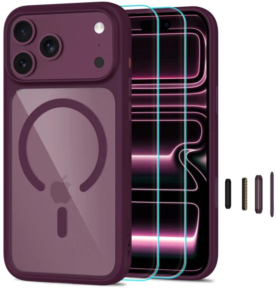 Tech-Protect MagOne CC MagSafe Case + Tempered Glass 2 vnt. for iPhone 18 Pro / 17 Pro - Clear Burgundy