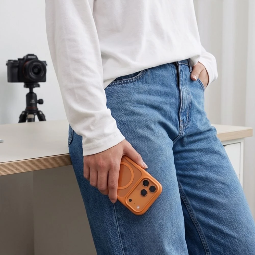 Tech-Protect MagOne CC MagSafe + grūdintas stiklas, 2 vnt. dėklas iPhone 18 Pro / 17 Pro – permatomas oranžinis
