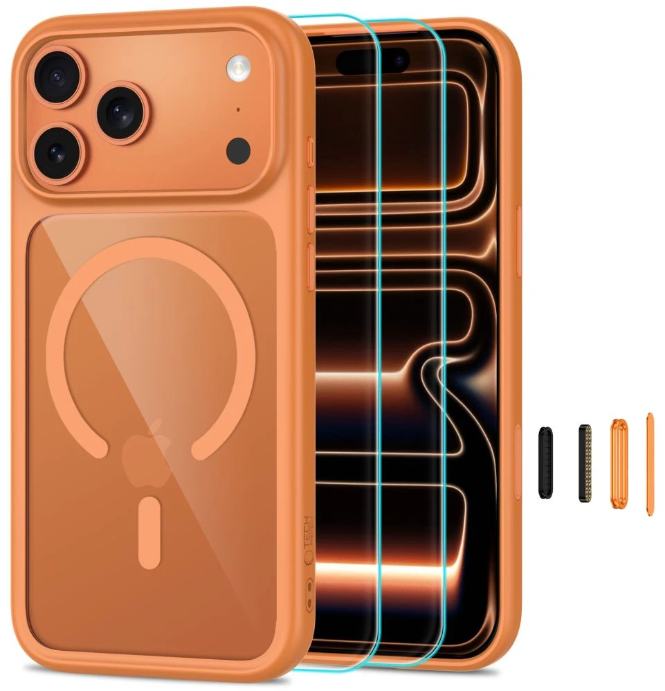Tech-Protect MagOne CC MagSafe + grūdintas stiklas, 2 vnt. dėklas iPhone 18 Pro / 17 Pro – permatomas oranžinis