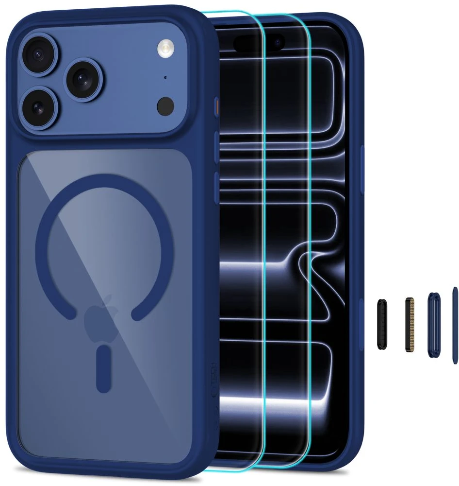 Tech-Protect MagOne MagSafe CC Case + Tempered Glass 2 vnt. for iPhone 18 Pro / 17 Pro - Clear Navy Mėlyna