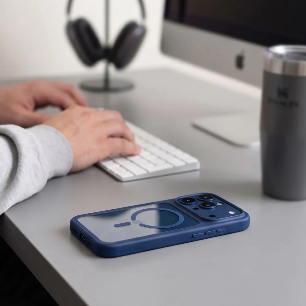 Tech-Protect MagOne MagSafe CC dėklas + grūdinto stiklo apsauga 2 vnt. iPhone 18 Pro / 17 Pro - Clear Navy mėlyna