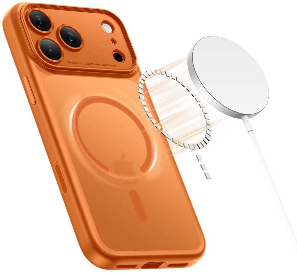 „Tech-Protect Magpeak Magsafe CC“ dėklas, skirtas „iPhone 17 Pro Max“ – matinis oranžinis