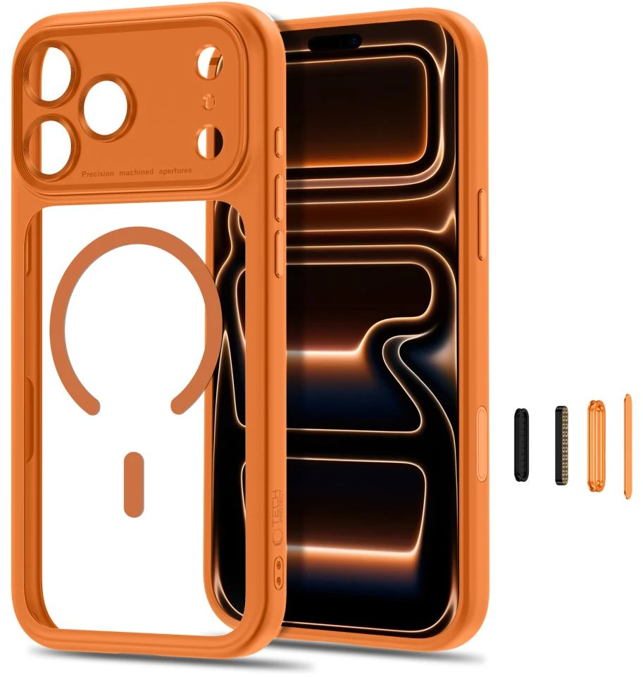 Dėklas TECH-PROTECT MAGPEAK MagSafe CC iPhone 17 Pro Max / 18 Pro Max KOSMINĖ ORANŽINĖ/SKAIDRI