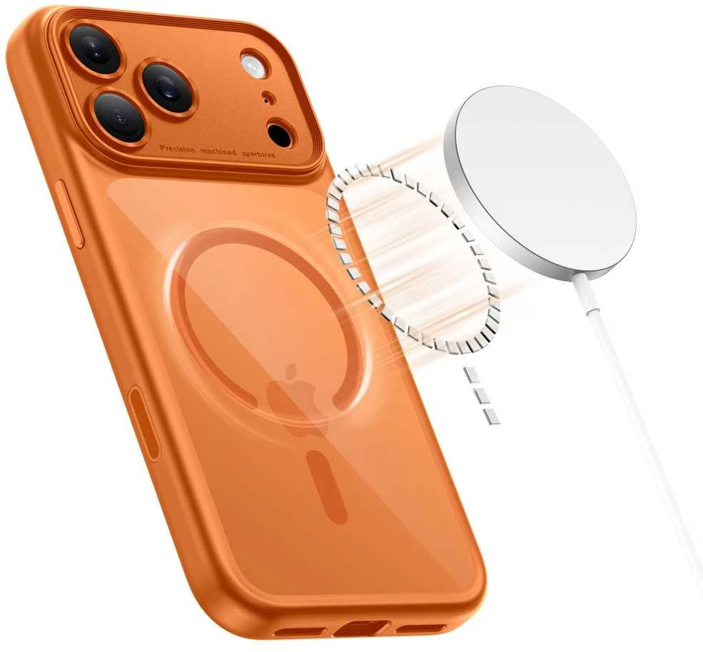 „Tech-Protect Magpeak Magsafe CC“ dėklas, skirtas „iPhone 17 Pro“ – permatomas oranžinis