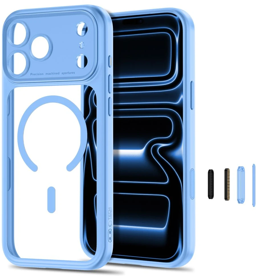 Dėklas TECH-PROTECT MAGPEAK MagSafe CC iPhone 17 Pro / 18 Pro ŠVIESIAI MĖLYNAS/SKAIDRUS