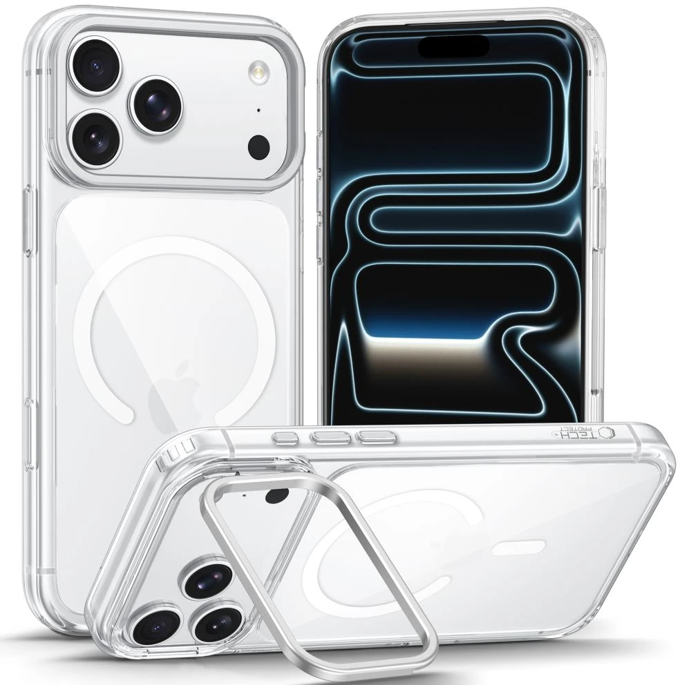 Tech-Protect MagStand MagSafe CC dėklas, skirtas iPhone 18 Pro / 17 Pro - permatomas