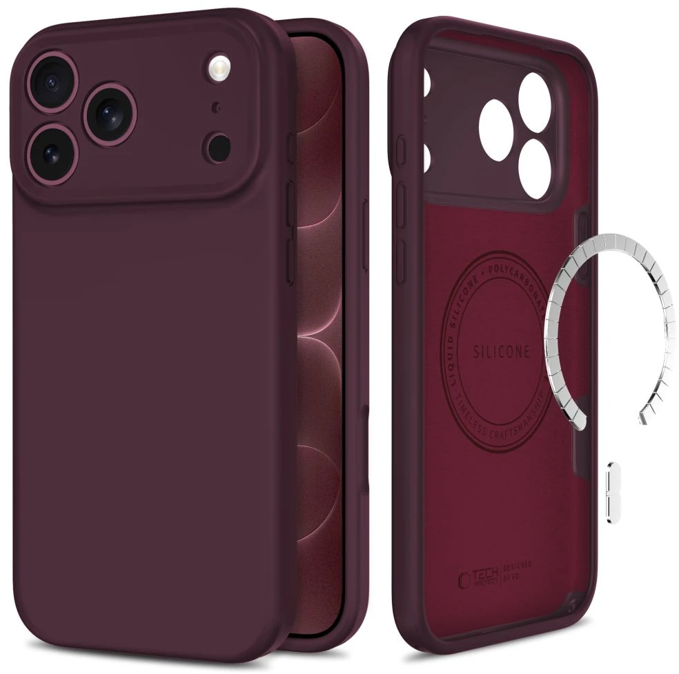Tech-Protect silikoninis „MagSafe“ dėklas skirtas iPhone 18 Pro / 17 Pro – bordo spalvos