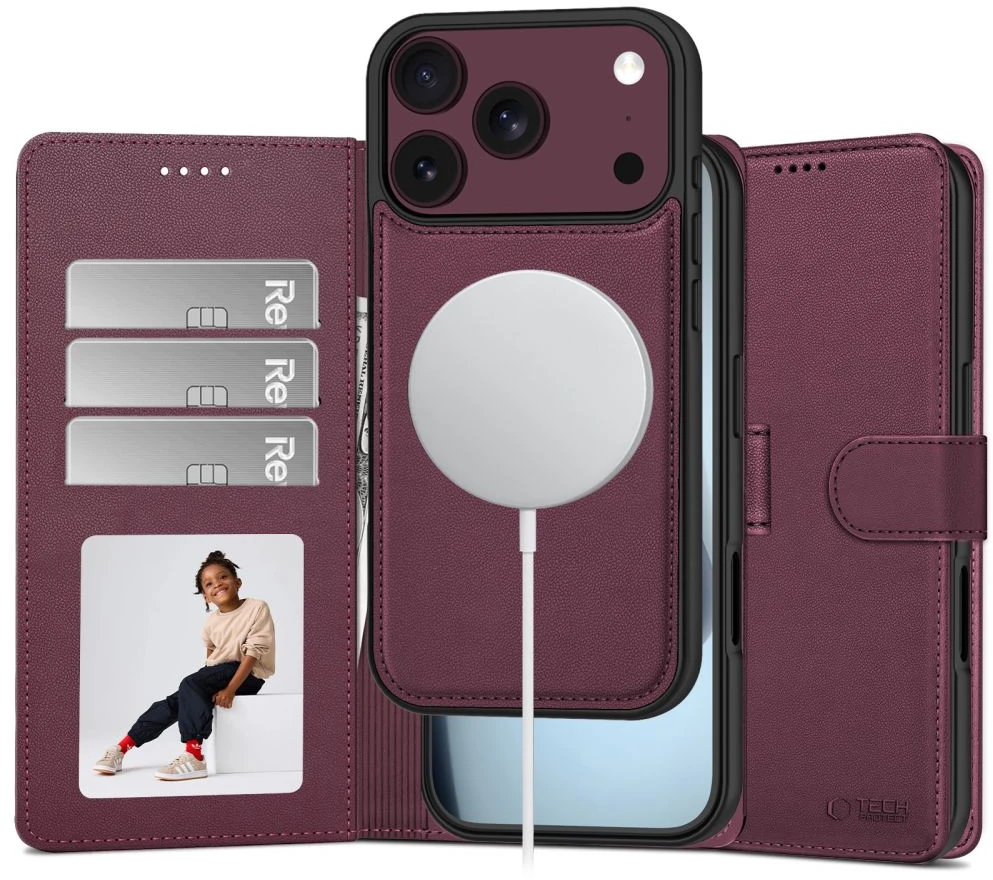 Dėklas Tech-Protect Wallet MagSafe case for iPhone 17 Pro / 18 Pro - burgundy