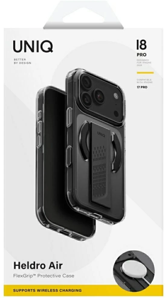 Dėklas UNIQ Heldro Air, skirtas iPhone 18 Pro / 17 Pro, su Magclick Charging, tamsiai pilkas (tinted smoke)