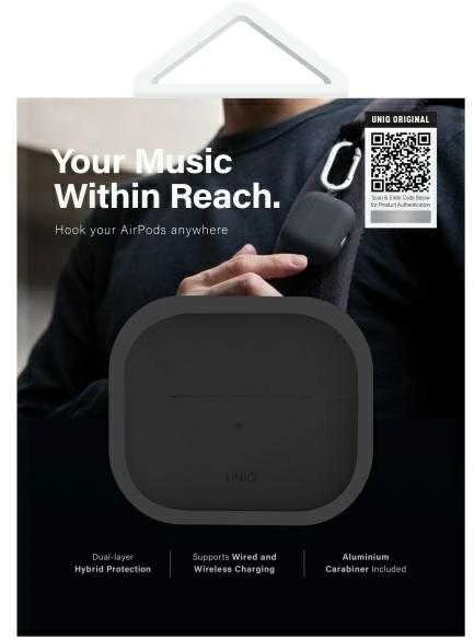 UNIQ dėklas Nexo AirPods 4 + Ear Hooks Silicone juodos spalvos