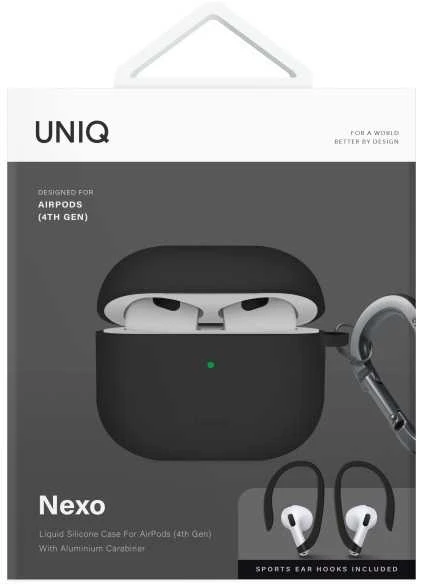 UNIQ dėklas Nexo AirPods 4 + Ear Hooks Silicone juodos spalvos