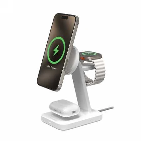 ZAGG Mophie Snap+ 3-in-1 Qi2 belaidžio įkroviklio stovas trims įrenginiams, suderinamas su MagSafe ir Qi2 – baltas