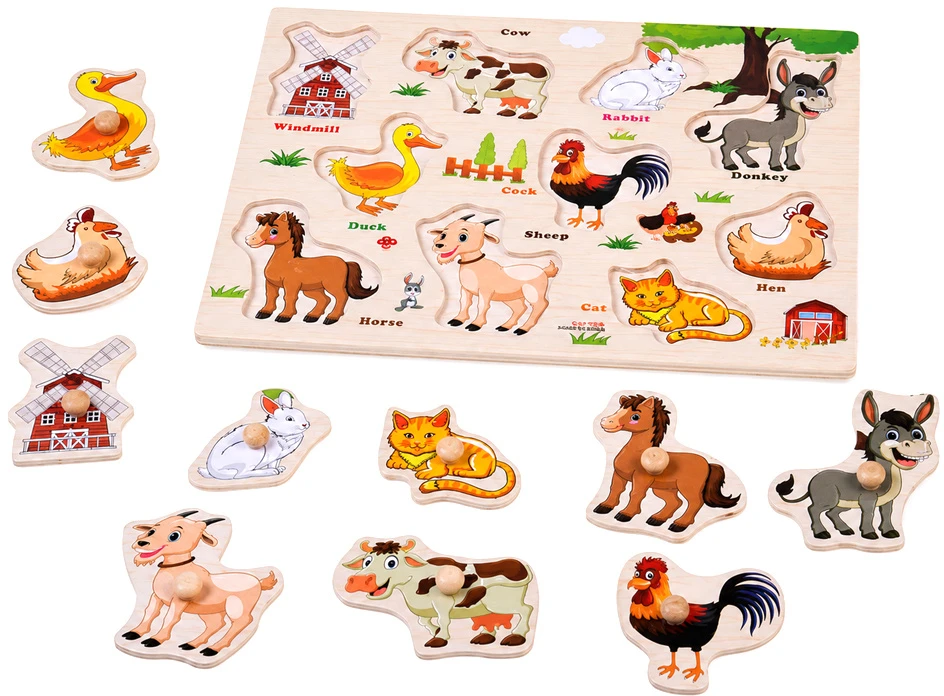 Dėlionė Jokomisiada Wooden puzzle FARMA puzzle with handles and English words - 10 pieces ZA6418