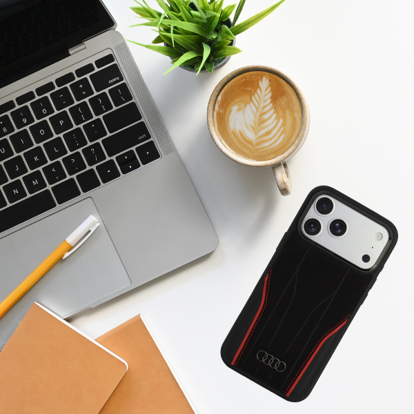 Dėklas Audi R8 Genuine Leather MagSafe Case for iPhone 18 Pro Max / 17 Pro Max - Juodas and Raudona aprašymas - Prekės nuotrauka